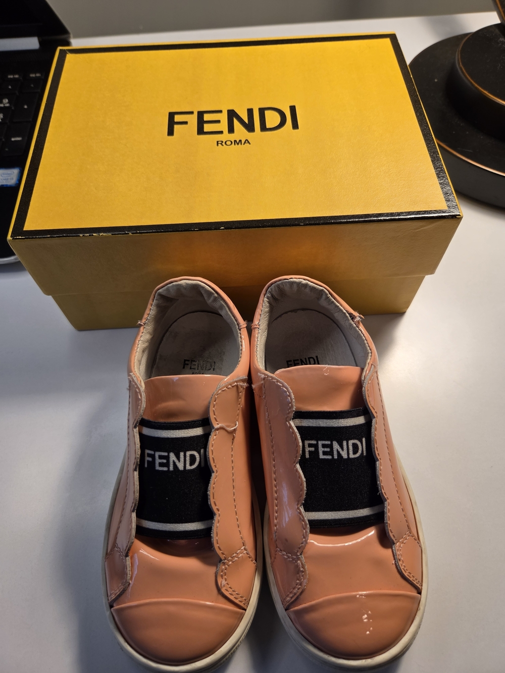 Fendi Kid’s Peach Patent Leather Slip-On Sneakers with Logo Band